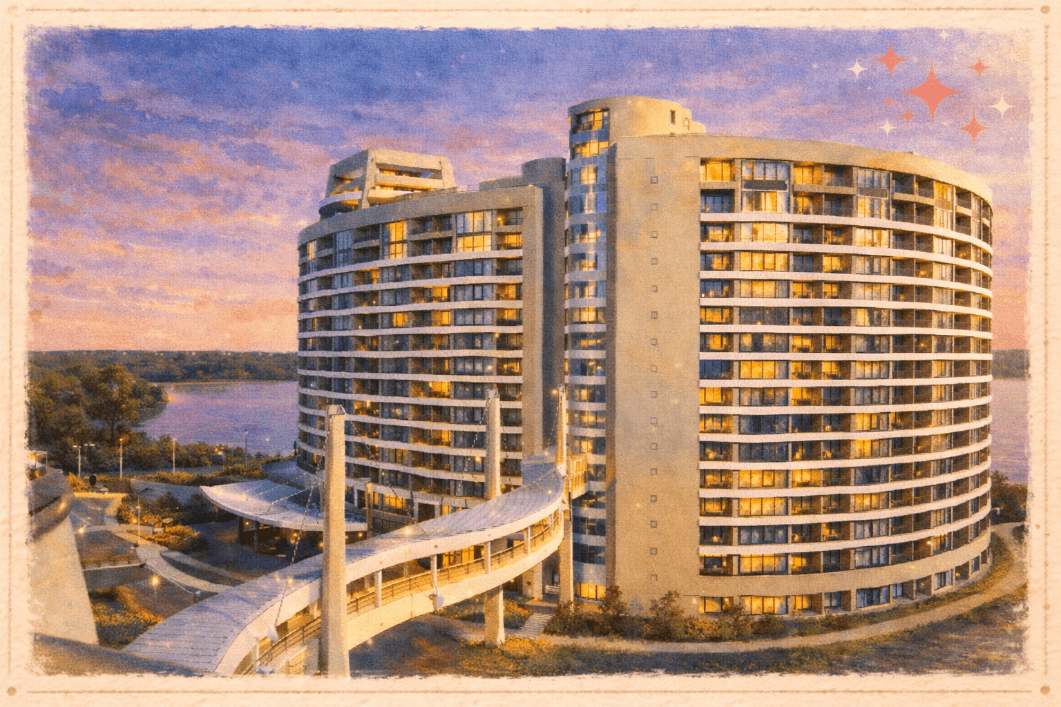 Watercolor illustration of Bay Lake Tower