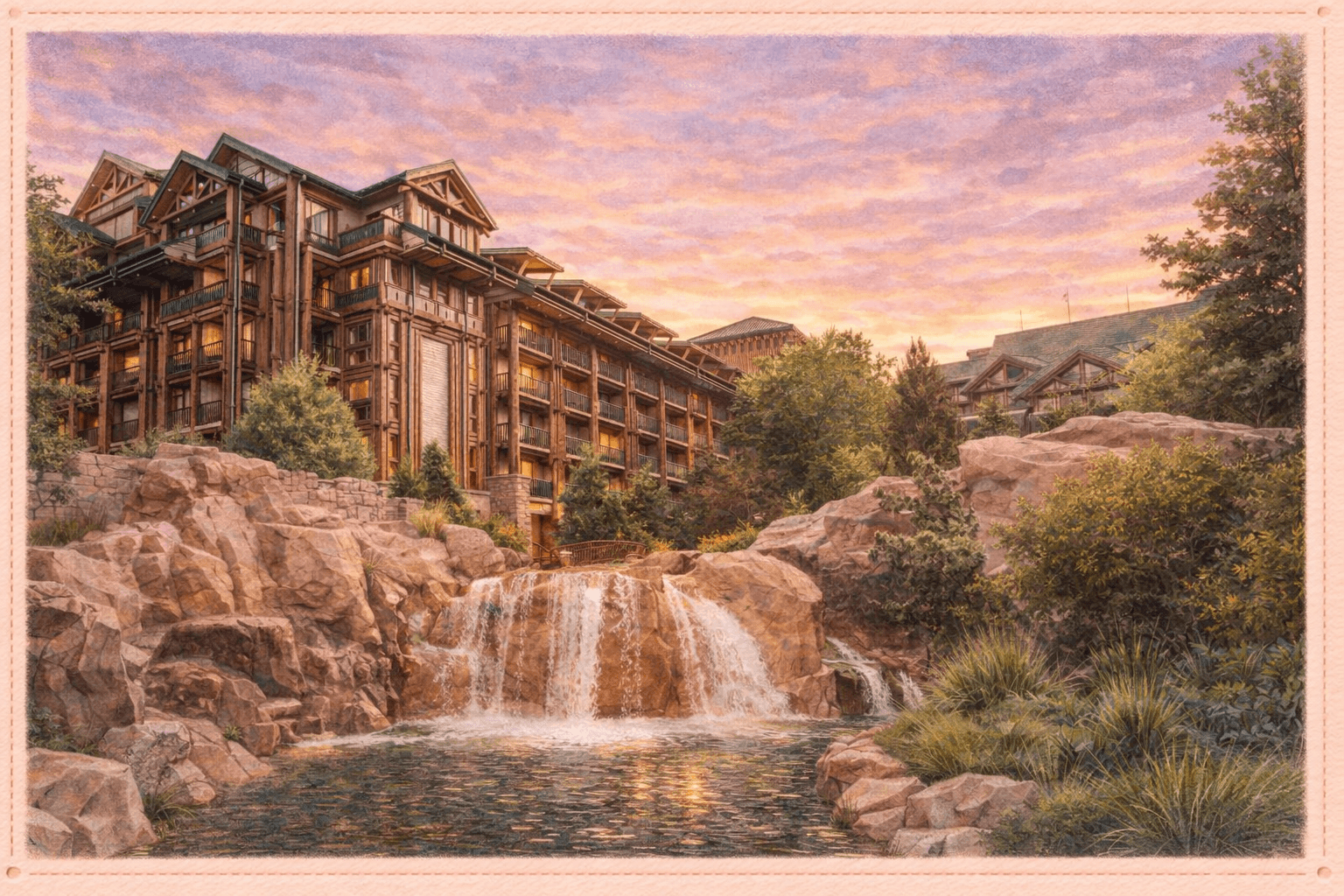 Watercolor illustration of Copper Creek Villas at Disney's Wilderness Lodge